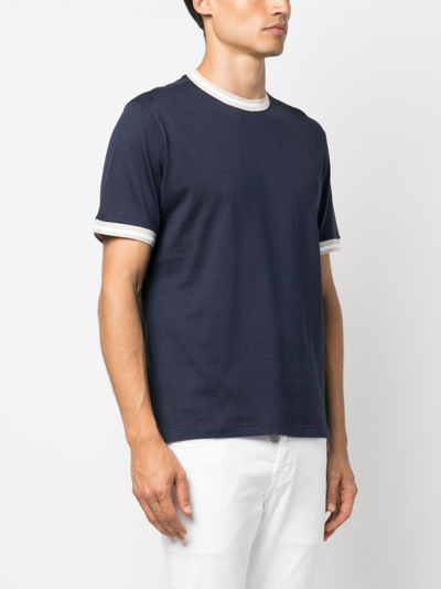 Shop Eleventy Striped-tipping Cotton T-shirt In Blau