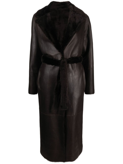 Shop Yves Salomon Belted Reversible Leather Coat In Brown