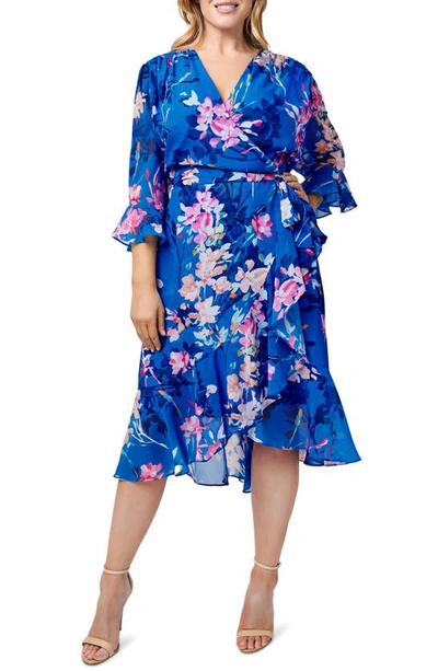 Shop Adrianna Papell Floral Print Faux Wrap Chiffon Dress In Blue Multi