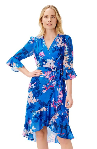 Shop Adrianna Papell Floral Print Faux Wrap Chiffon Dress In Blue Multi