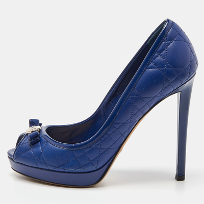 Pre-owned Dior Blue Cannage Leather And Patent Bow Peep Toe Platform Pumps Size 36.5