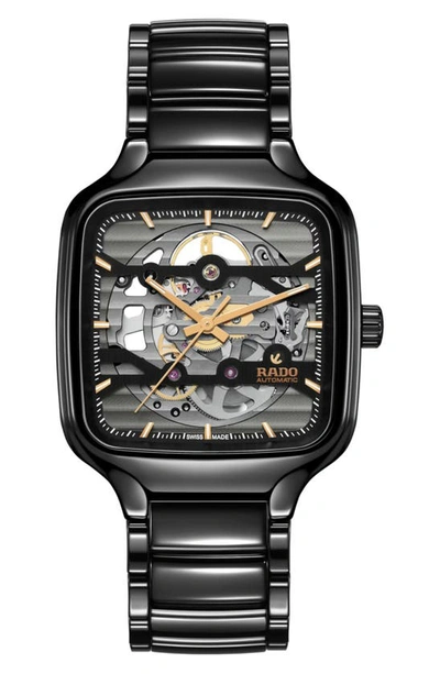 Rado Unisex Swiss Automatic True Square Skeleton Black High-tech Ceramic Bracelet Watch 38mm In Black