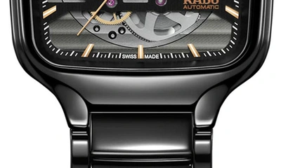 Shop Rado True Square Automatic Skeleton Bracelet Watch, 38mm In Black