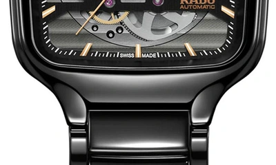 Rado Unisex Swiss Automatic True Square Skeleton Black High-tech Ceramic Bracelet Watch 38mm In Black