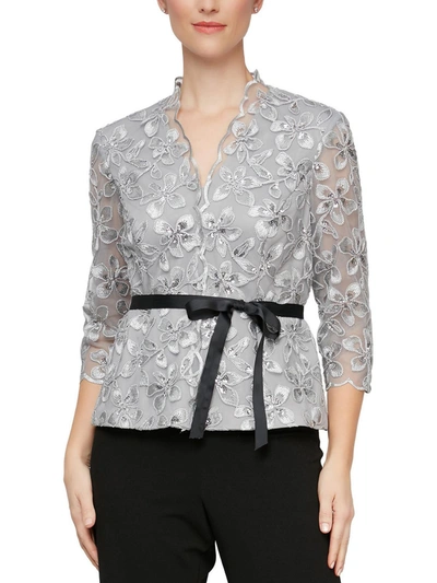 Shop Alex Evenings Petites Womens V Neck Sequined Blouse In Grey