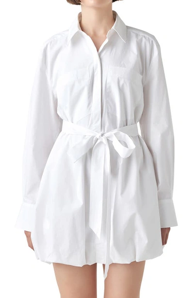Grey Lab Tie Belt Long Sleeve Bubble Hem Shirtdress In White