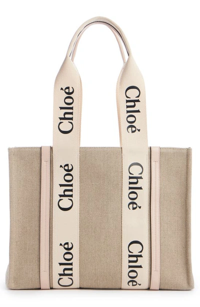 Chloé Women Medium Woody Tote Bag In Linen In Cement Pink
