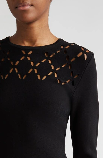 Shop Lela Rose Abstract Cutout Detail Long Sleeve Knit Dress In Black