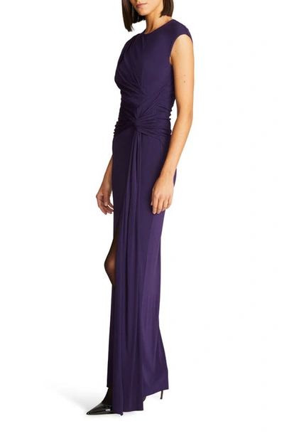 Halston Giovanna Twist-front Cap-sleeve Jersey Gown In Aubergine