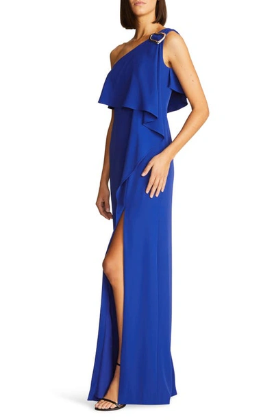 Shop Halston Joelle One-shoulder Fluid Crepe Gown In Prussian Blue