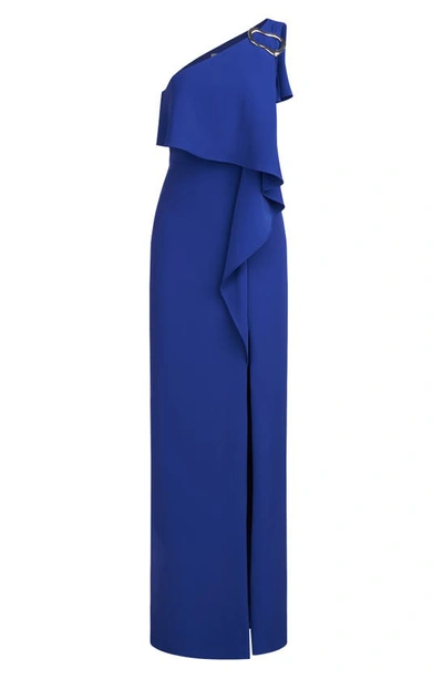 Shop Halston Joelle One-shoulder Fluid Crepe Gown In Prussian Blue