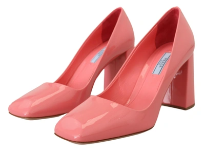 Shop Prada Patent Leather Block Heels Pumps Women's Classic In Pink