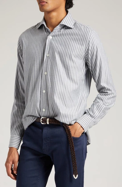 Shop Eleventy Pinstripe Cotton Blend Button-up Shirt In Navy
