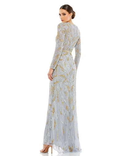 Shop Mac Duggal Beaded Long Sleeve Evening Gown In Platinum Gold