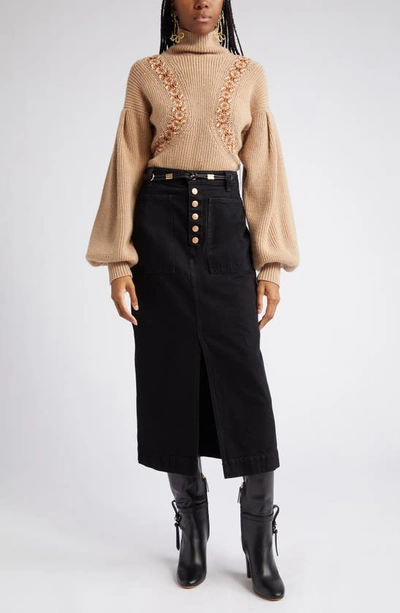 Shop Ulla Johnson The Bea Button Fly Denim Skirt In Noir Wash