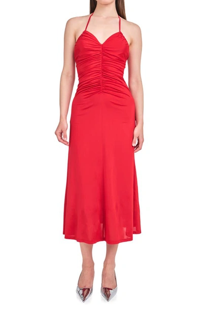 Shop Endless Rose Ruched Halter Midi Dress In Rouge