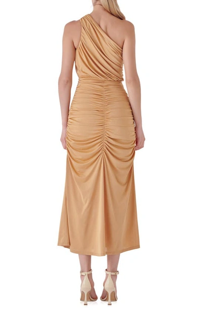 Endless Rose One-shoulder Draped Midi Dress In Tan