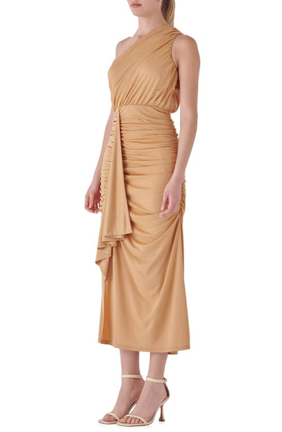 Endless Rose One-shoulder Draped Midi Dress In Tan