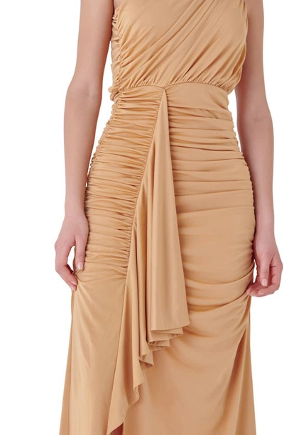 Endless Rose One-shoulder Draped Midi Dress In Tan