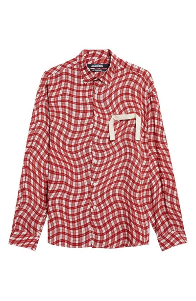 Shop Jacquemus La Chemise Simon Wavy Check Button-up Shirt In Print Dark Red Deform Che