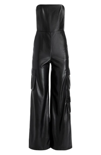 Shop Alice And Olivia Emelda Strapless Faux Leather Cargo Jumpsuit In Black