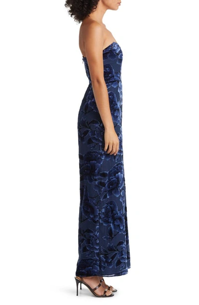 Hutch Sonnie Floral Velvet Burnout Strapless Jumpsuit In Navy Eden Floral Burnout