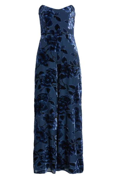 Hutch Sonnie Floral Velvet Burnout Strapless Jumpsuit In Navy Eden Floral Burnout