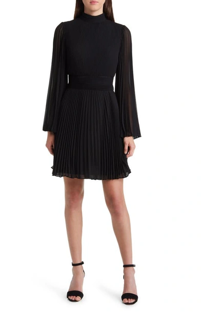 Shop Milly Rosemary Bell Sleeve Pleated Chiffon Dress In Black