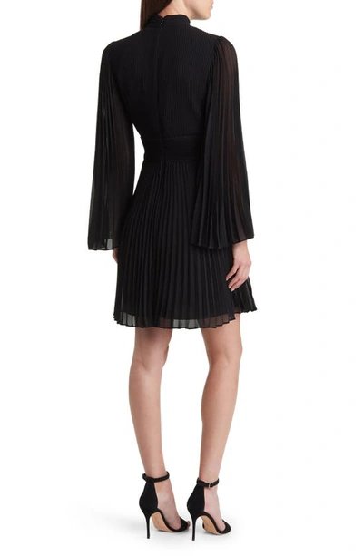Shop Milly Rosemary Bell Sleeve Pleated Chiffon Dress In Black