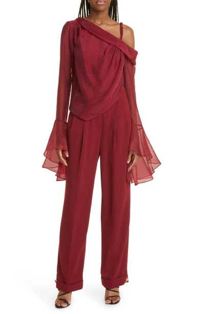 Shop Aje Edith Asymmetric Long Sleeve Top In Garnet Red