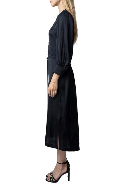 Shop Zadig & Voltaire Relinda Gathered Long Sleeve Satin Midi Dress In Encre