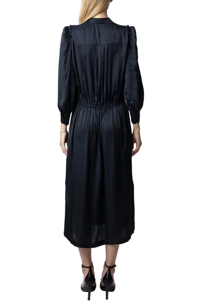 Shop Zadig & Voltaire Relinda Gathered Long Sleeve Satin Midi Dress In Encre