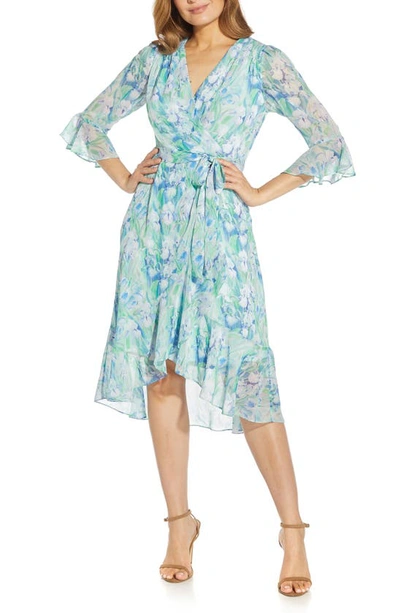 Shop Adrianna Papell Print Long Sleeve Chiffon Dress In Blue Multi