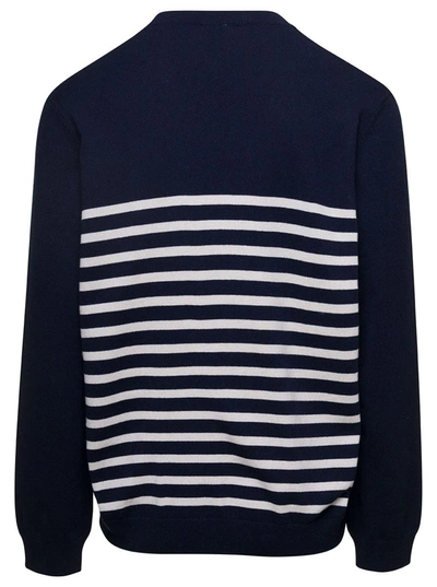 Shop Apc 'matthew' Blue And White Crewneck Sweater With Striped Motif In Cotton And Cashmere Man