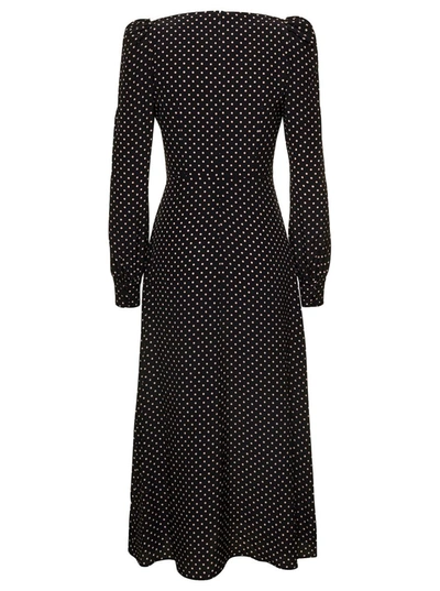 Shop Alessandra Rich Polka Dot Midi Black Dress With Volant In Silk Woman