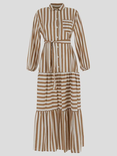 Shop Semicouture Striped Dress With Belt In Rigabianco/bruciato