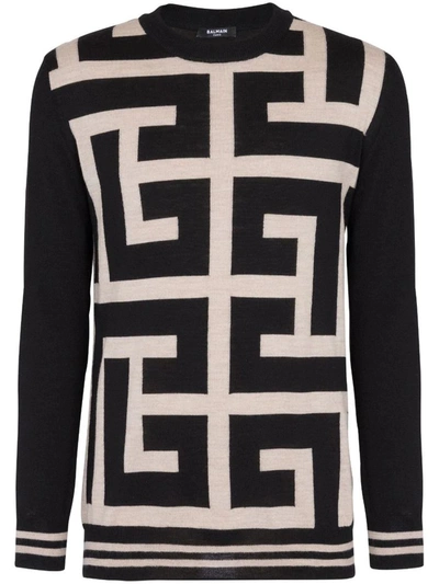Shop Balmain Sweater With Monogram Print In Black