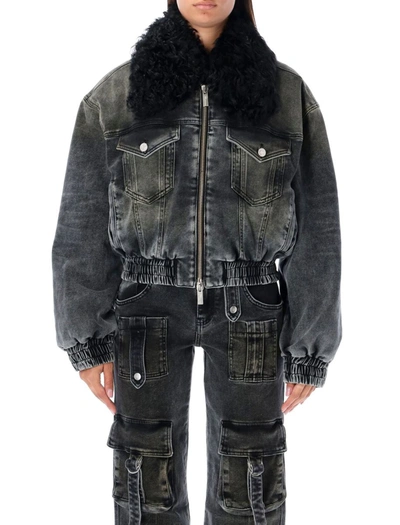 Blumarine Black Jacket With Faux Fur Collar And Logo Embroidery In Stretch Cotton Denim Woman In Dark Shadow
