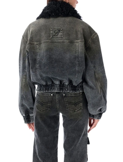 Blumarine Black Jacket With Faux Fur Collar And Logo Embroidery In Stretch Cotton Denim Woman In Dark Shadow