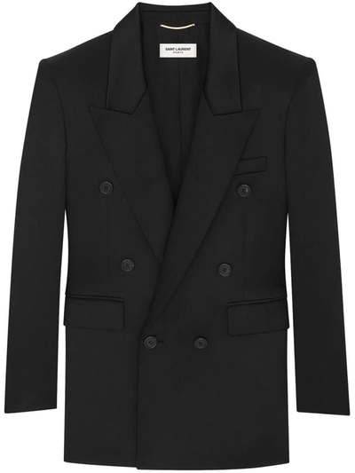 Shop Saint Laurent Double-breasted Silk Jacket In Black