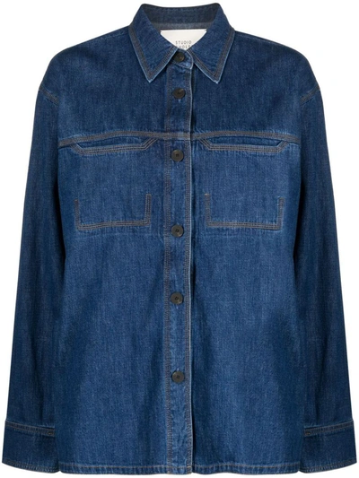 Shop Studio Nicholson Cotton Linen Blend Shirt In Blue