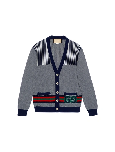 Shop Gucci Cardigan In Wool And Cotton With Gg In Blue