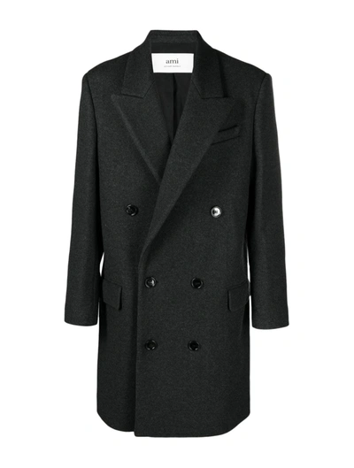 Shop Ami Alexandre Mattiussi Peak-lapel Double-breasted Coat In Grey