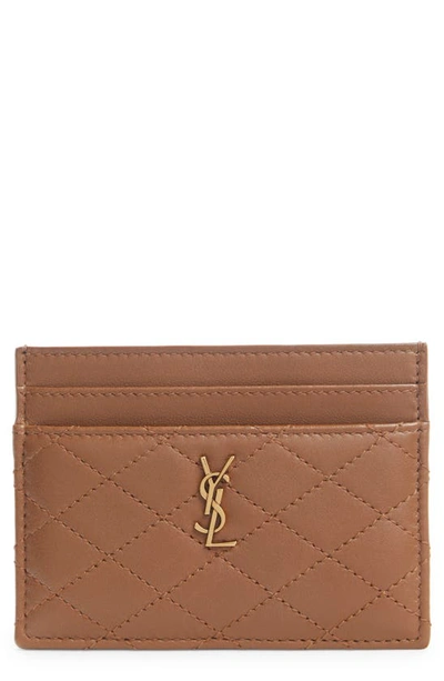 Shop Saint Laurent Quilted Leather Card Case In Ginger Brown