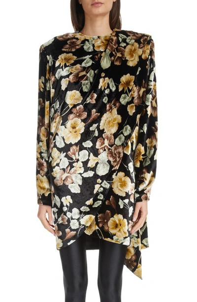 Shop Saint Laurent Floral Drape Detail Long Sleeve Velvet Dress In Noir/ Beige