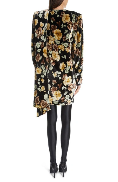 Shop Saint Laurent Floral Drape Detail Long Sleeve Velvet Dress In Noir/ Beige