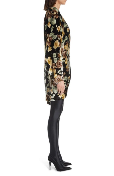 Shop Saint Laurent Floral Drape Detail Long Sleeve Velvet Dress In Noir/ Beige