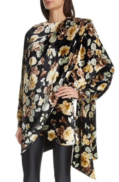 Shop Saint Laurent Floral Drape Detail Long Sleeve Velvet Dress In Noir/ Beige