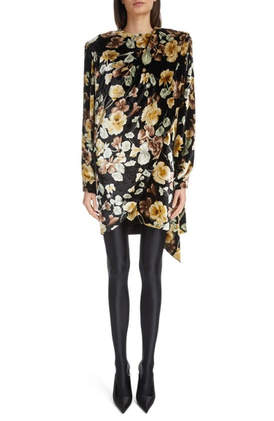 Shop Saint Laurent Floral Drape Detail Long Sleeve Velvet Dress In Noir/ Beige