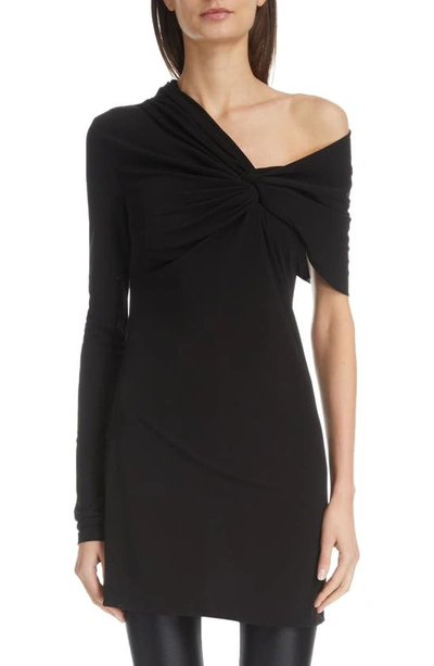Shop Saint Laurent One-shoulder Knot Detail Jersey Minidress In Noir